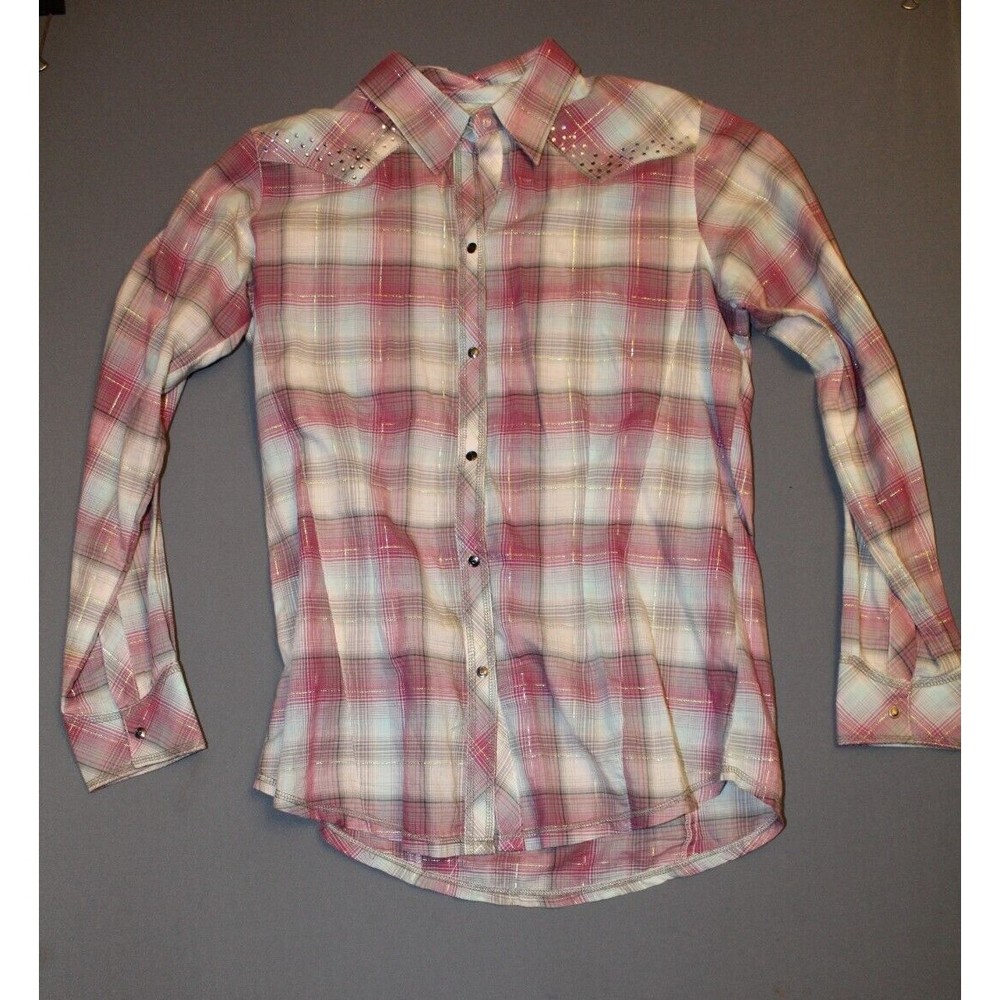 Wrangler Rock 47 Womens Pearl Snap Shirt large Pink purple Plaid Embellished